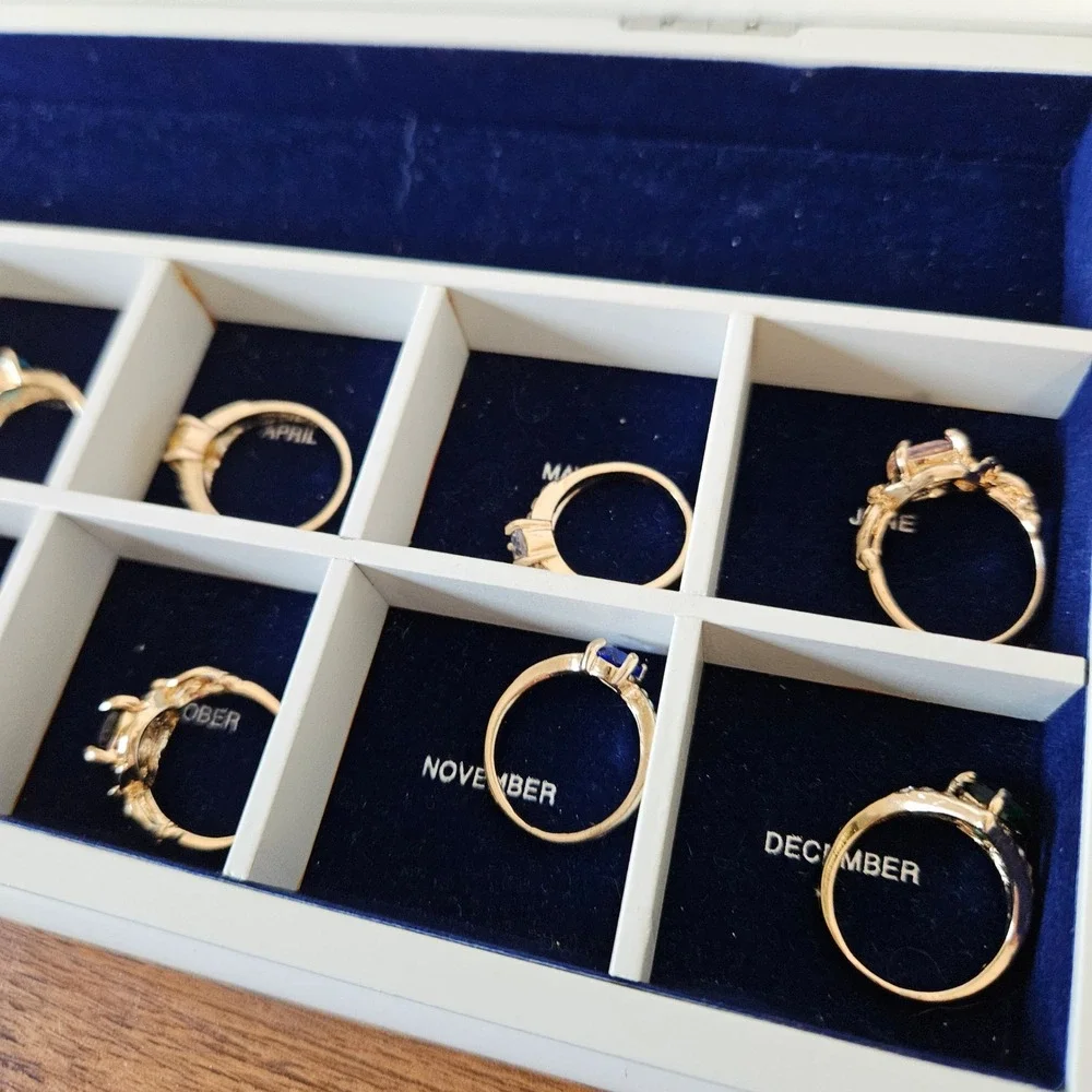 12 Piece Birthstone Ring Set 6, 7, 8, with White Wooden Glass Display Case Box
